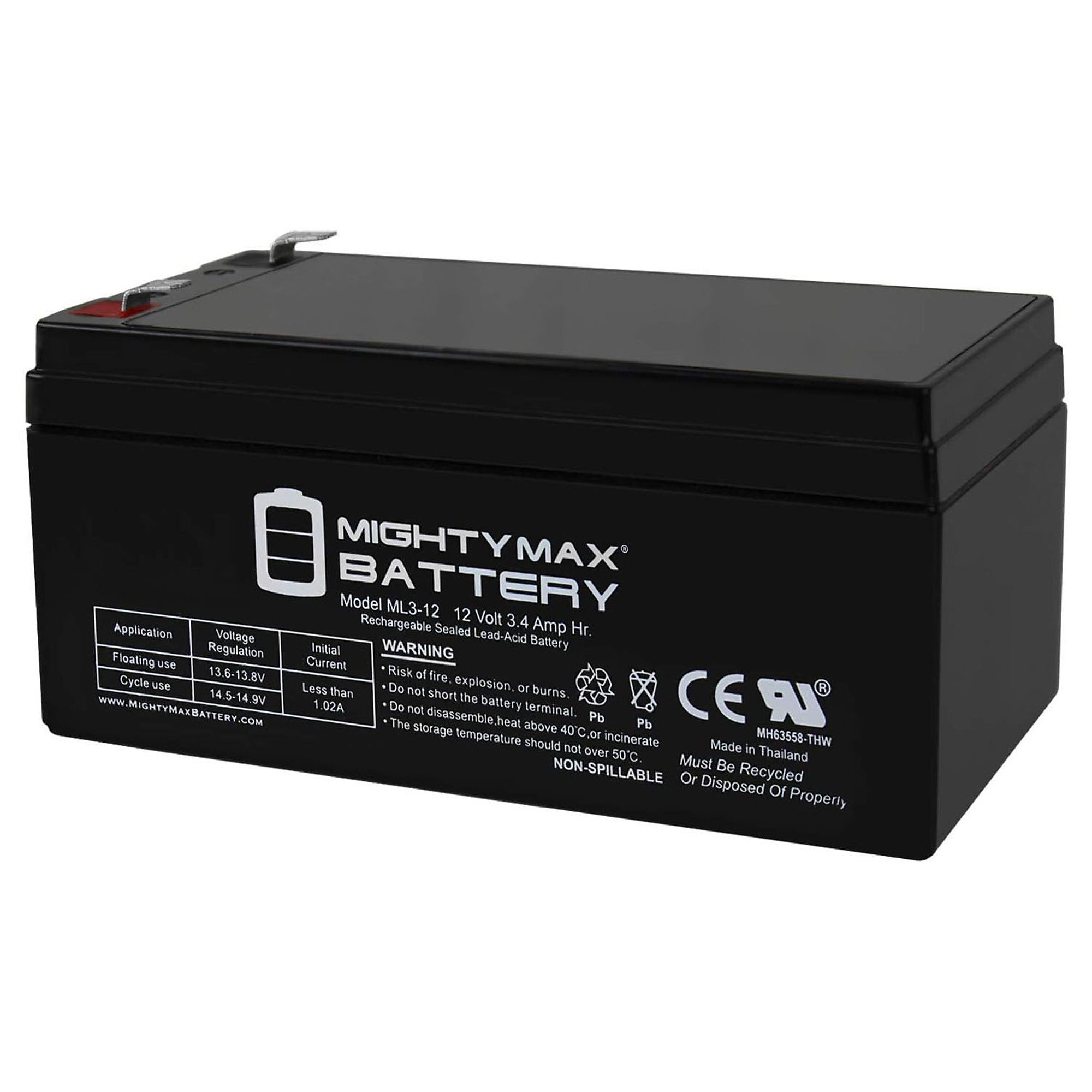 Mighty Max Battery ML3-12 — 12V, 3Ah, F1 Terminal, Rechargeable SLA AGM, Model# MAX3421777